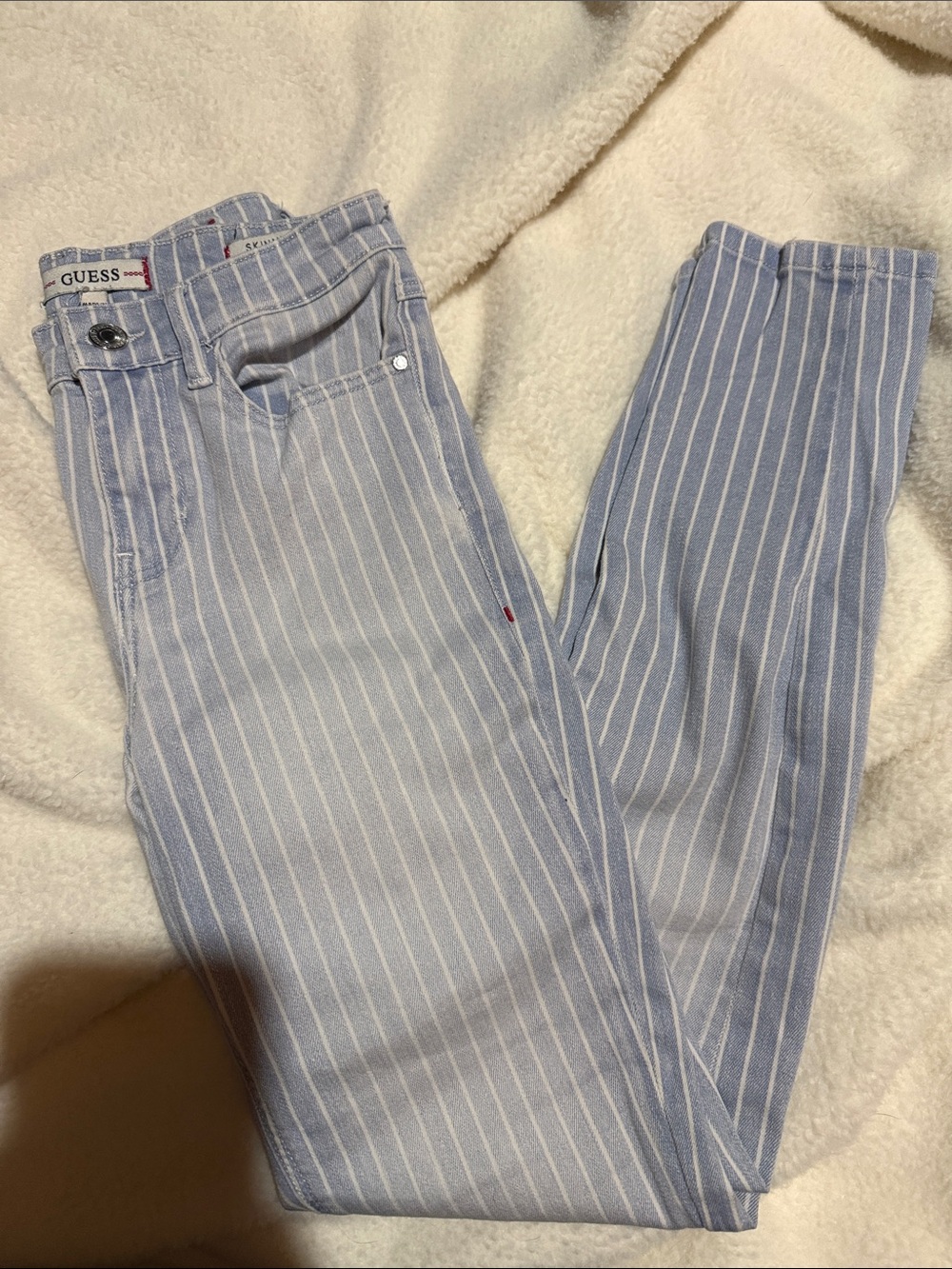 GUESS Light Blue and White Striped Skinny Jeans